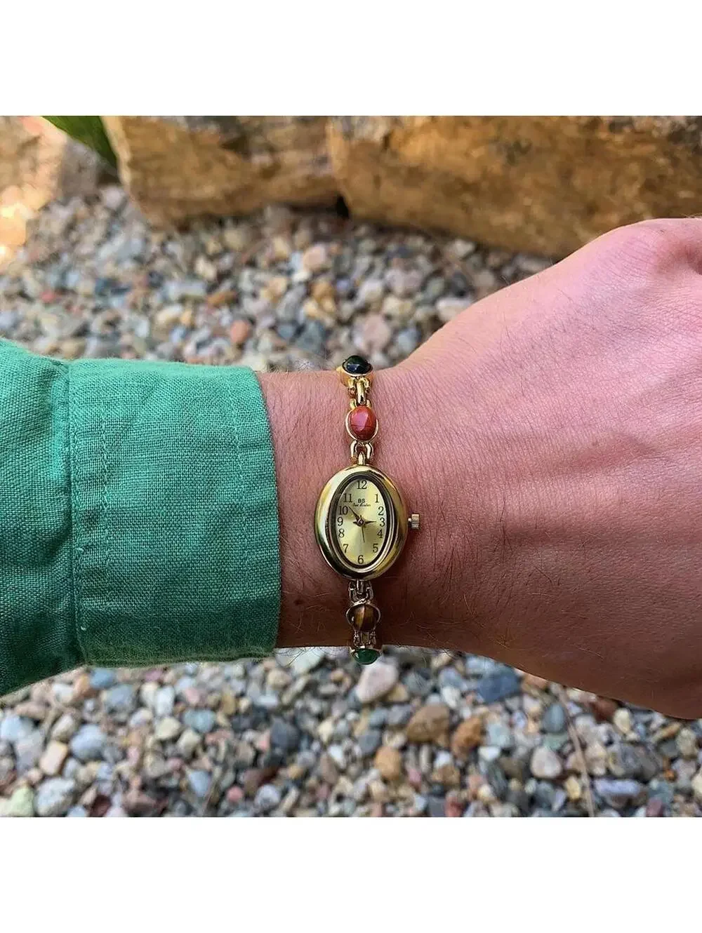 Indie Boho Gold style tone quartz watch with glass multicolored jade stone opal